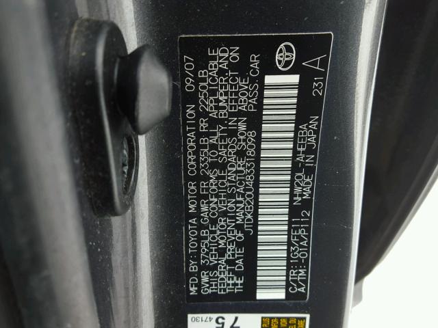 JTDKB20U483318098 - 2008 TOYOTA PRIUS CHARCOAL photo 10