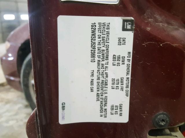 1G2WK52J52F236610 - 2002 PONTIAC GRAND PRIX MAROON photo 10