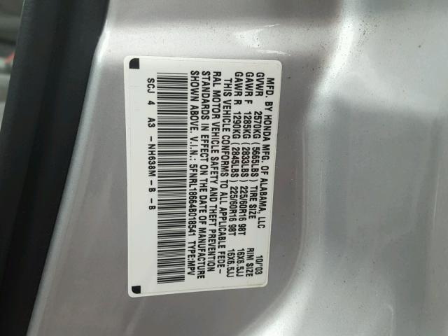 5FNRL18664B018541 - 2004 HONDA ODYSSEY EX SILVER photo 10