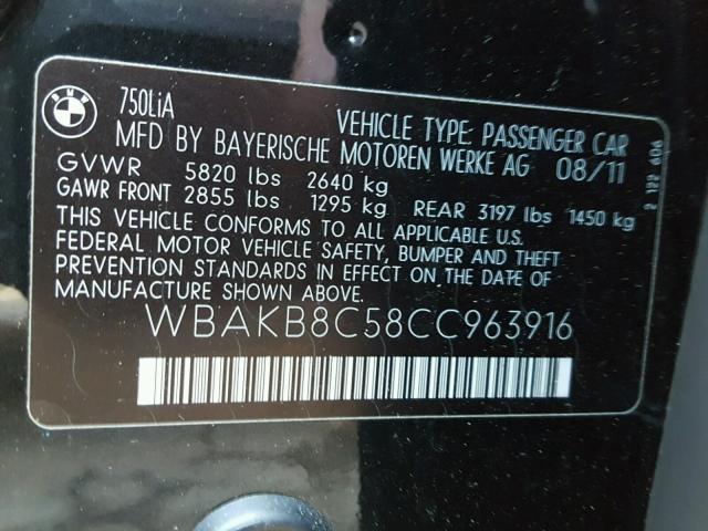 WBAKB8C58CC963916 - 2012 BMW 750LI BLACK photo 10