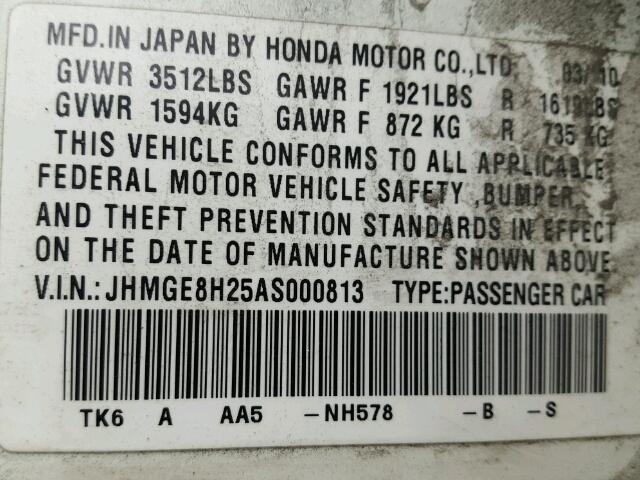 JHMGE8H25AS000813 - 2010 HONDA FIT WHITE photo 10