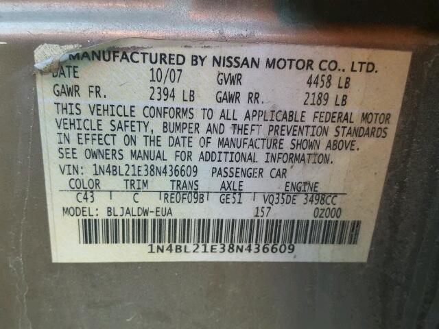 1N4BL21E38N436609 - 2008 NISSAN ALTIMA 3.5 GRAY photo 10