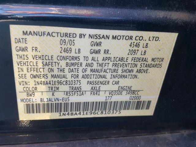 1N4BA41E96C810375 - 2006 NISSAN MAXIMA SE BLACK photo 10