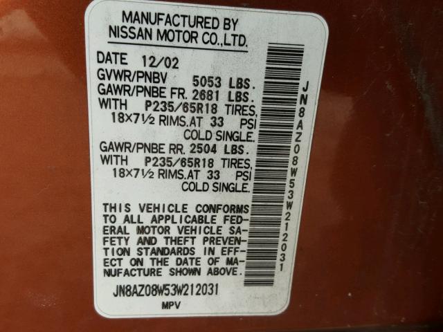 JN8AZ08W53W212031 - 2003 NISSAN MURANO SL ORANGE photo 10