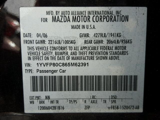 1YVFP80C865M62391 - 2006 MAZDA 6 I BLACK photo 10