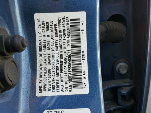 19XFA1E53AE039711 - 2010 HONDA CIVIC LX BLUE photo 10