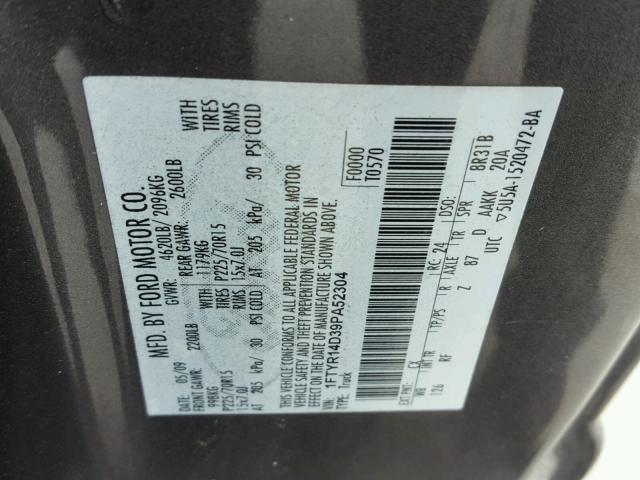 1FTYR14D39PA52304 - 2009 FORD RANGER SUP GRAY photo 10