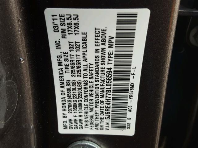 5J6RE4H77BL056594 - 2011 HONDA CR-V EXL GRAY photo 10