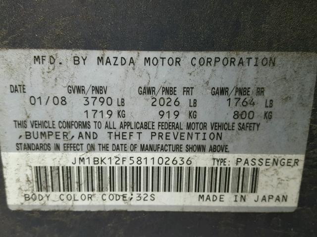 JM1BK12F581102636 - 2008 MAZDA 3 I GRAY photo 10