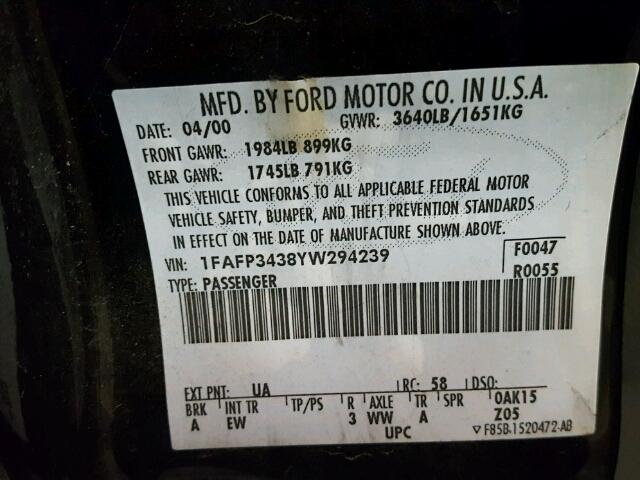 1FAFP3438YW294239 - 2000 FORD FOCUS SE BLACK photo 10