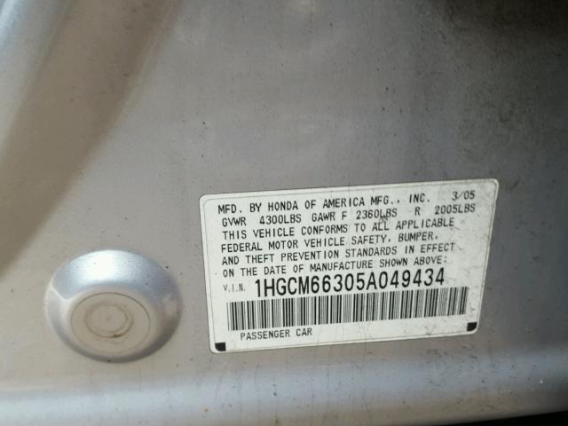 1HGCM66305A049434 - 2005 HONDA ACCORD LX SILVER photo 10