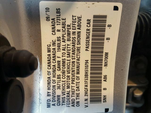 2HGFA1F53BH510794 - 2011 HONDA CIVIC LX SILVER photo 10