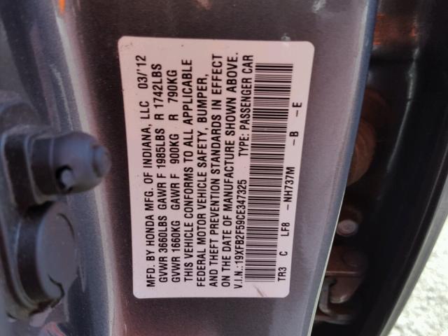 19XFB2F59CE347325 - 2012 HONDA CIVIC LX CHARCOAL photo 10