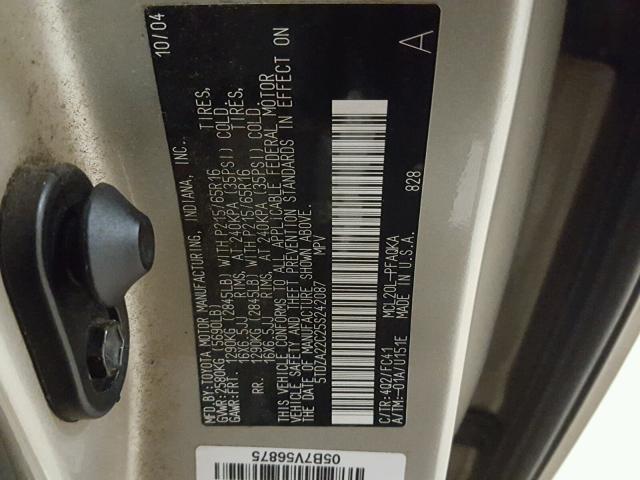 5TDZA22C25S242087 - 2005 TOYOTA SIENNA XLE TAN photo 10