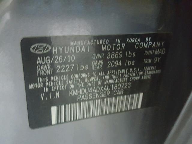 KMHDU4ADXAU180723 - 2010 HYUNDAI ELANTRA BL GRAY photo 10