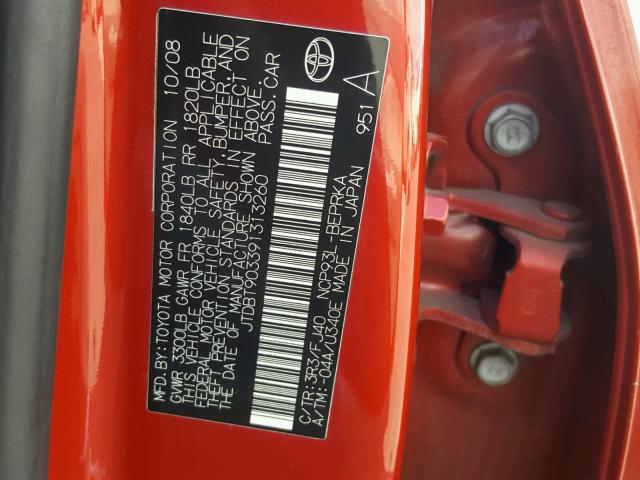 JTDBT903391313260 - 2009 TOYOTA YARIS RED photo 10