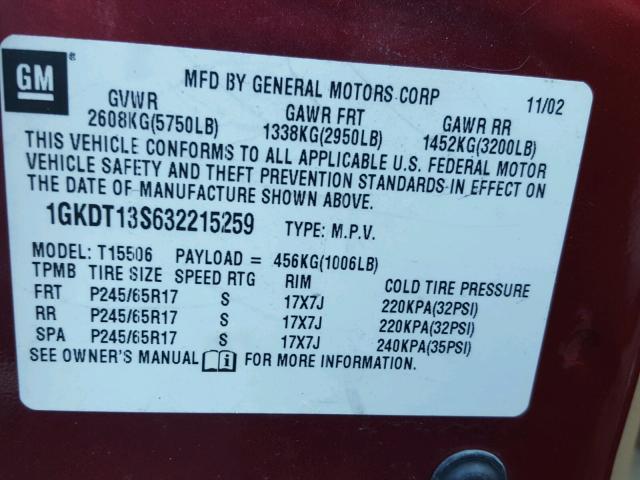 1GKDT13S632215259 - 2003 GMC ENVOY MAROON photo 10