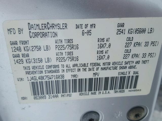 1J4GL48K75W716038 - 2005 JEEP LIBERTY SP SILVER photo 10