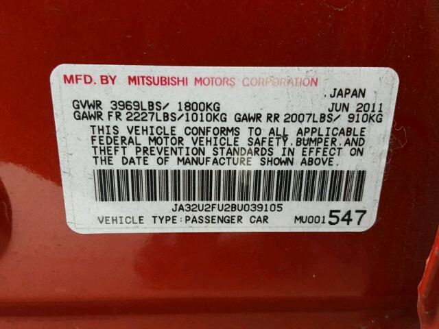 JA32U2FU2BU039105 - 2011 MITSUBISHI LANCER ES/ RED photo 10