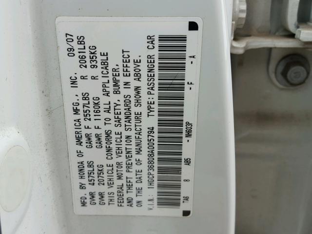 1HGCP36808A005794 - 2008 HONDA ACCORD EXL WHITE photo 10