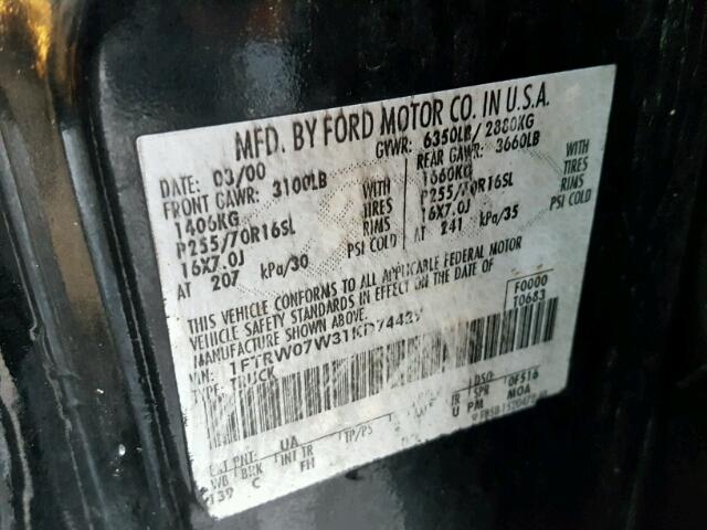 1FTRW07W31KD74429 - 2001 FORD F150 SUPER BLACK photo 10