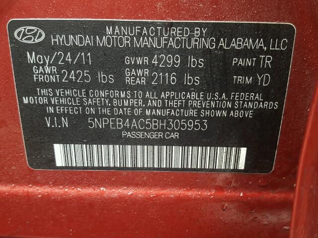 5NPEB4AC5BH305953 - 2011 HYUNDAI SONATA GLS RED photo 10