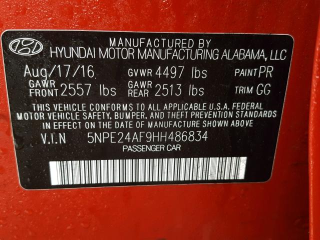 5NPE24AF9HH486834 - 2017 HYUNDAI SONATA SE RED photo 10