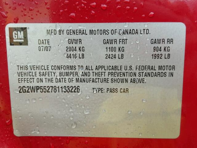 2G2WP552781133226 - 2008 PONTIAC GRAND PRIX RED photo 10