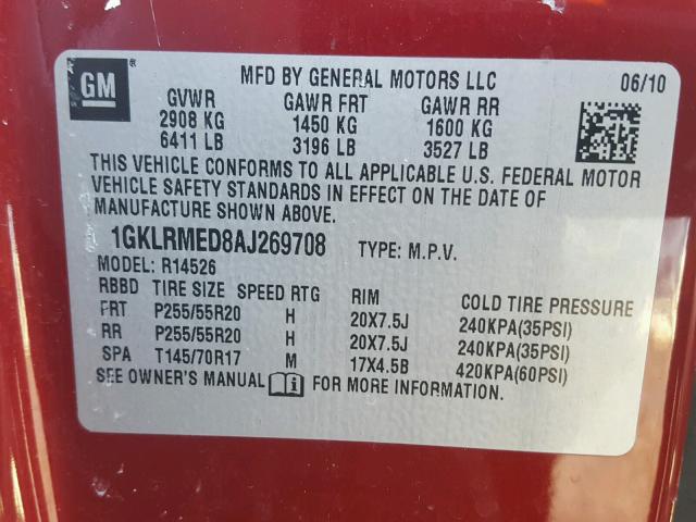 1GKLRMED8AJ269708 - 2010 GMC ACADIA SLT მუქწითელი ფოტო 10