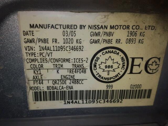 1N4AL11D95C346692 - 2005 NISSAN ALTIMA S SILVER photo 10