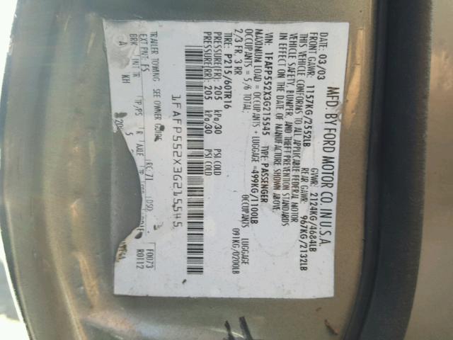 1FAFP552X3G215545 - 2003 FORD TAURUS SES GRAY photo 10