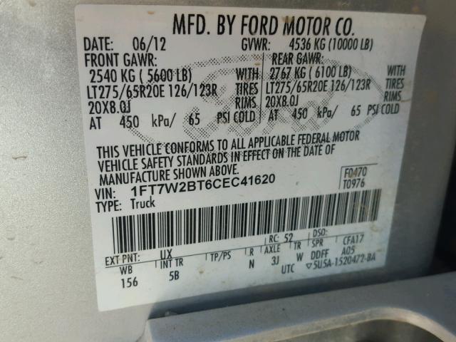 1FT7W2BT6CEC41620 - 2012 FORD F250 SUPER SILVER photo 10