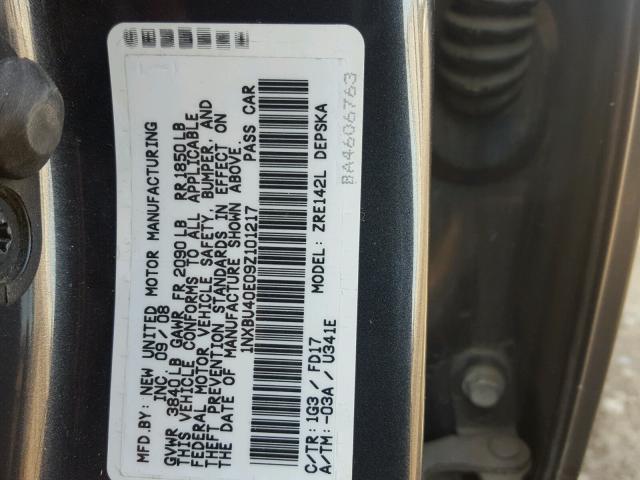 1NXBU40E09Z101217 - 2009 TOYOTA COROLLA BA GRAY photo 10