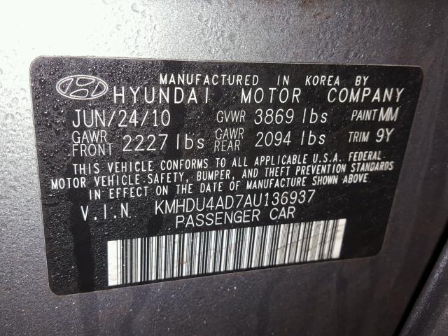 KMHDU4AD7AU136937 - 2010 HYUNDAI ELANTRA BL GRAY photo 10