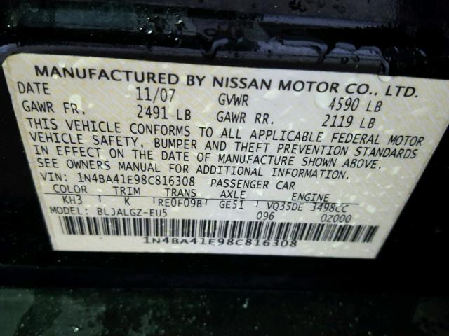 1N4BA41E98C816308 - 2008 NISSAN MAXIMA SE BLACK photo 10