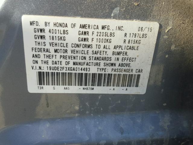 19UDE2F3XGA014493 - 2016 ACURA ILX BASE GRAY photo 10