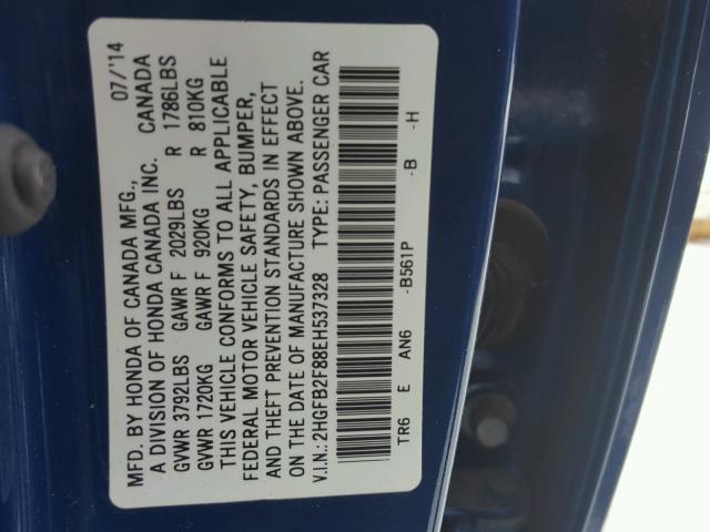 2HGFB2F88EH537328 - 2014 HONDA CIVIC EX BLUE photo 10