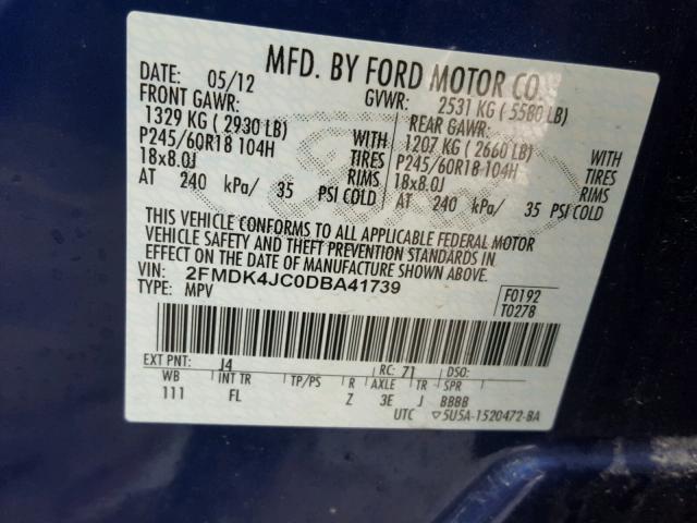 2FMDK4JC0DBA41739 - 2013 FORD EDGE SEL BLUE photo 10