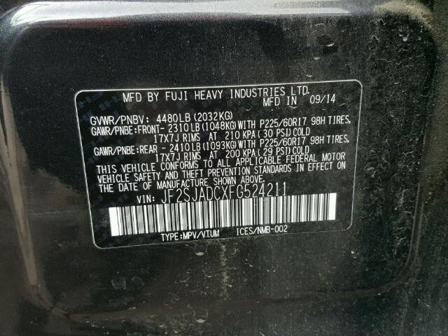 JF2SJADCXFG524211 - 2015 SUBARU FORESTER 2 BLACK photo 10