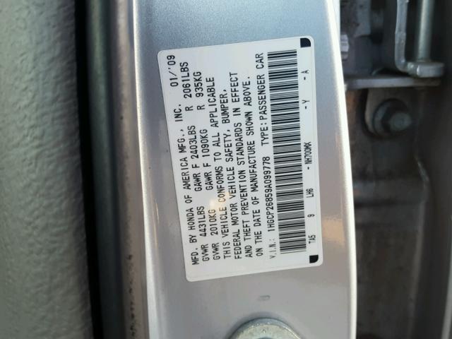 1HGCP26859A099778 - 2009 HONDA ACCORD EXL SILVER photo 10