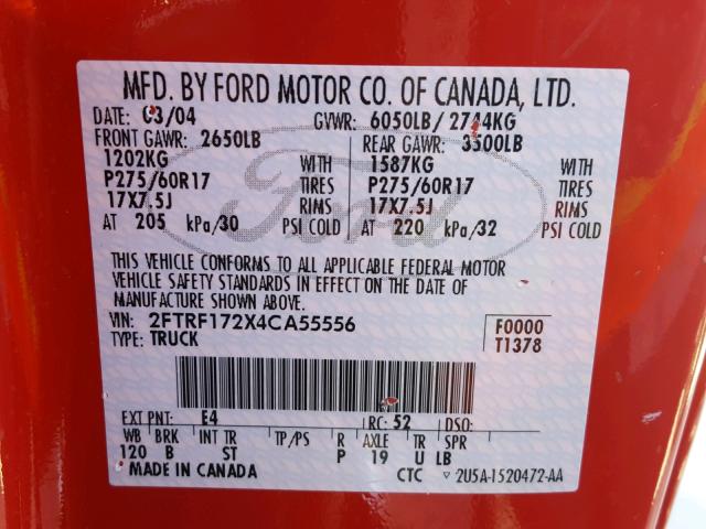 2FTRF172X4CA55556 - 2004 FORD F-150 HERI RED photo 10