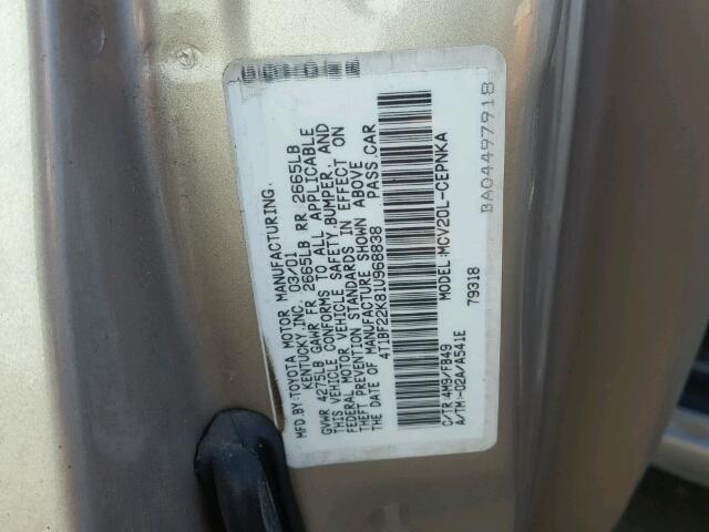 4T1BF22K81U968838 - 2001 TOYOTA CAMRY LE GRAY photo 10