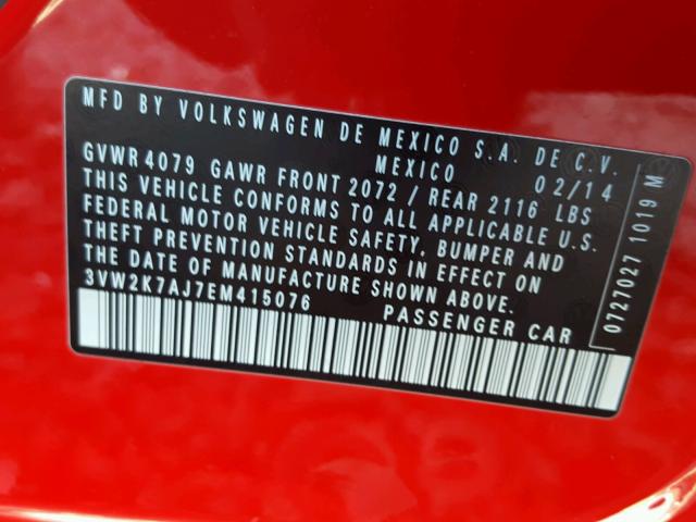 3VW2K7AJ7EM415076 - 2014 VOLKSWAGEN JETTA BASE 红色 照片 10