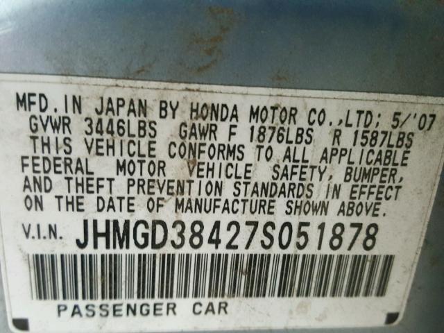 JHMGD38427S051878 - 2007 HONDA FIT BLUE photo 10