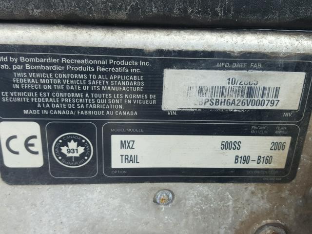 2BPSBH6A26V000797 - 2006 SKID MXZ 500SS YELLOW photo 10