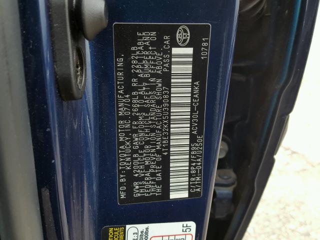 4T1BE32KX5U390837 - 2005 TOYOTA CAMRY LE BLUE photo 10