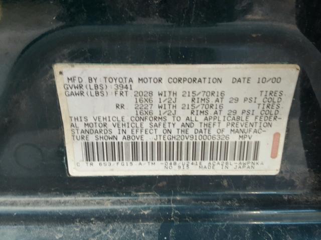 JTEGH20V910006326 - 2001 TOYOTA RAV4 GREEN photo 10