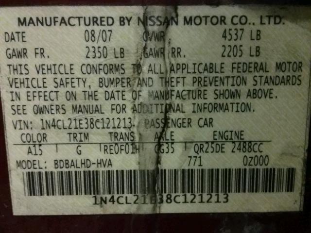 1N4CL21E38C121213 - 2008 NISSAN ALTIMA HYB RED photo 10