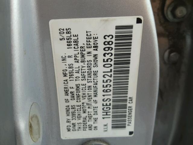 1HGES16552L053983 - 2002 HONDA CIVIC LX SILVER photo 10