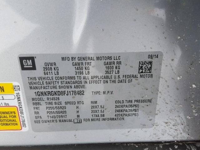 1GNKRGKD8FJ178482 - 2015 CHEVROLET TRAVERSE L SILVER photo 10